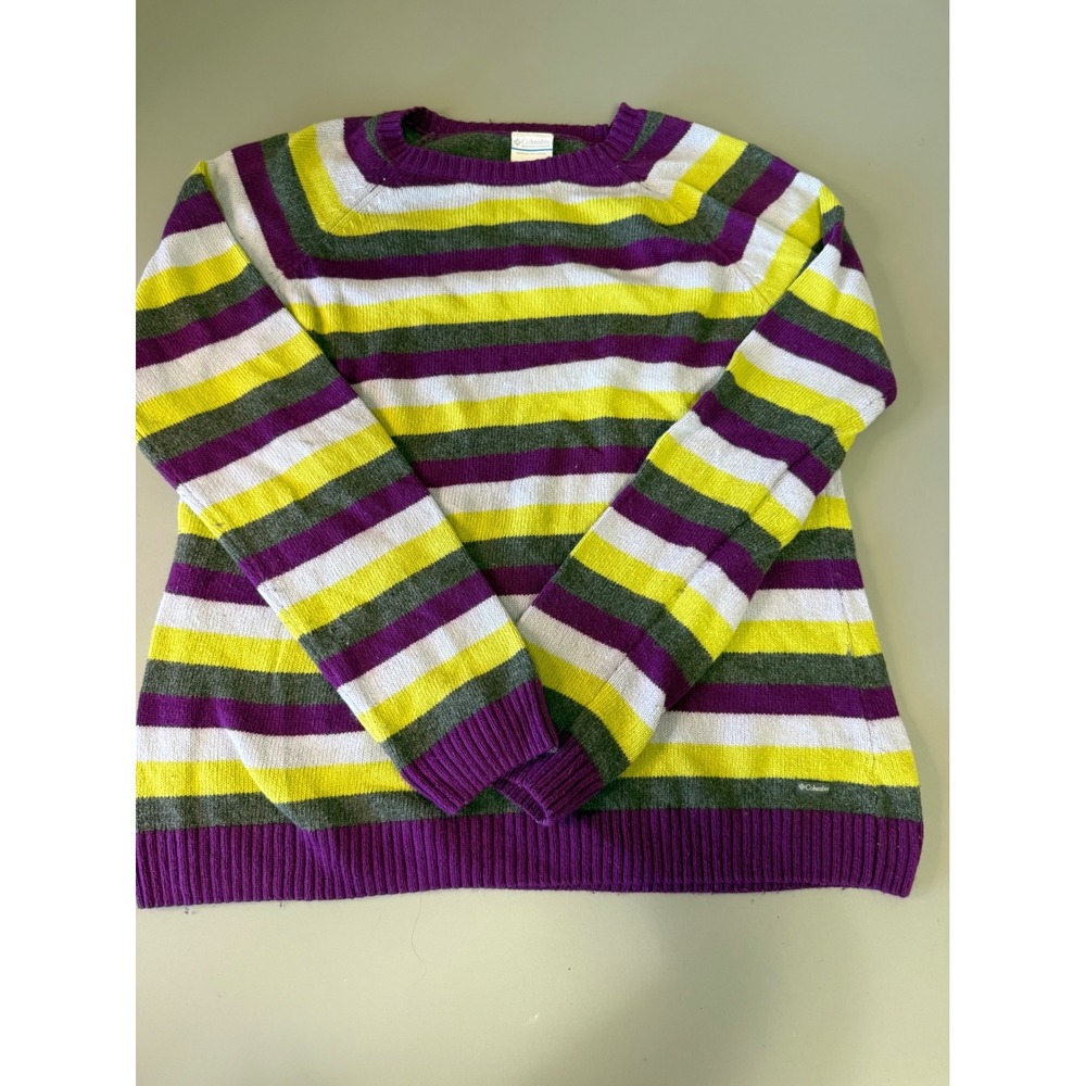 Columbia Sportswear Womens Striped Knit Sweater Purple Green Cotton Angora L
